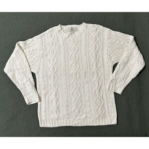 Vintage Men's Cream Linen Cotton Fisherman Sweater Cable Knit Size M